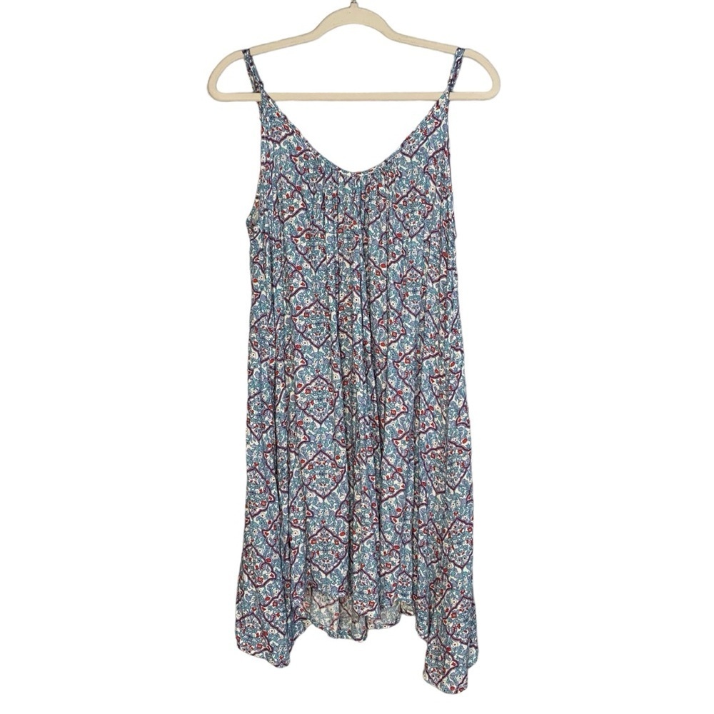 LoveStitch blue,‎ aqua and red paisley handkerchief hem sundress. Size M/L